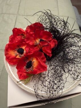 White Disc Fascinator with Red Poppy Flowers and Black Veil